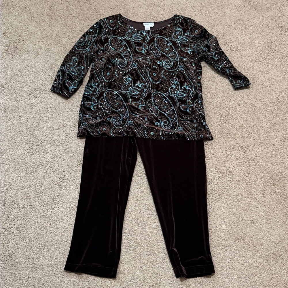 Coldwater Creek Black Velvet Top with Teal Paisley Accents